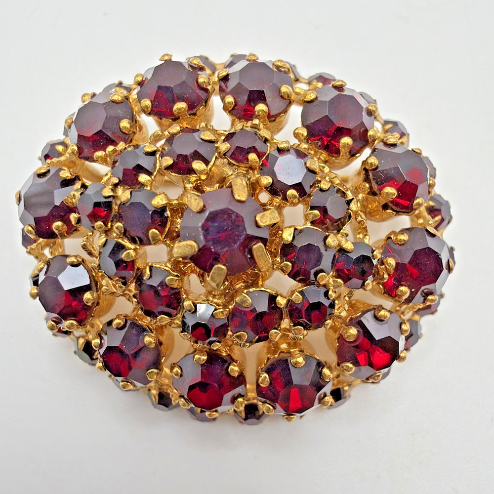 Vintage Red Garnet Rhinestone Brooch Pendant Gold Toned