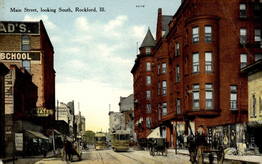 C1910 Main Street Looking South Rockford Illinois IL Streetcar Horse Postcard