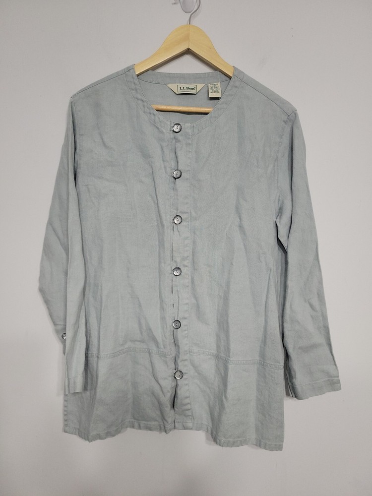 LL Bean Women's Blouse Size Petite Medium Baby Blue Linen Button-up