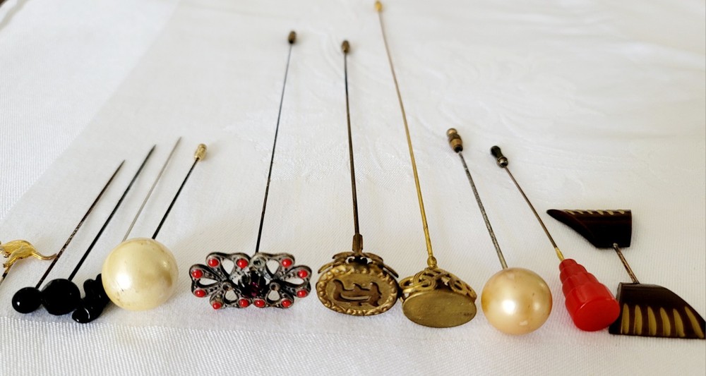 11 Antique Victorian Hat Pins with Glass Pearl Bakelite Silverplate Steele