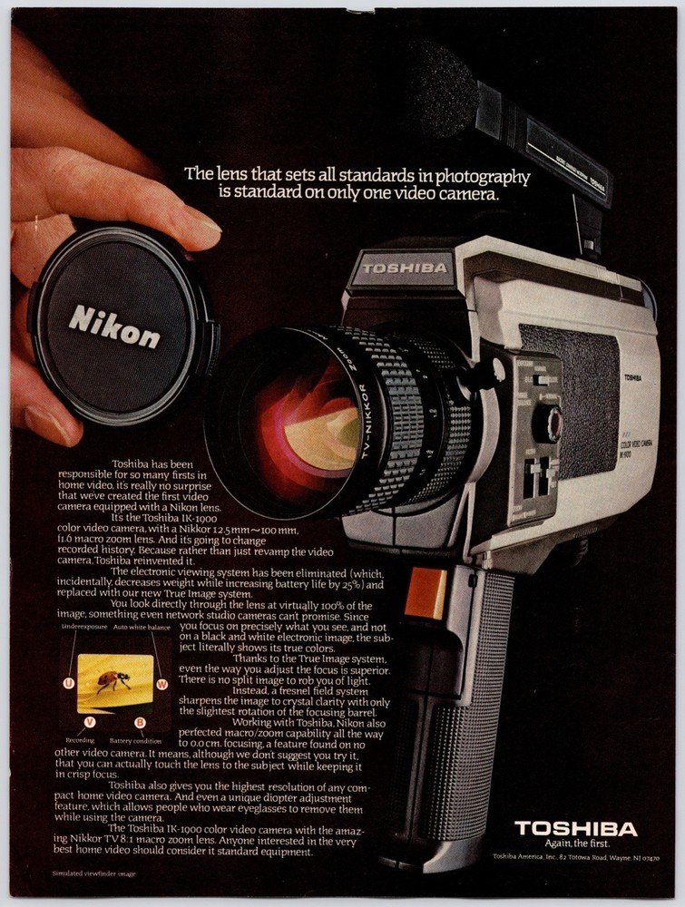 Toshiba IK-1900 Video Camera Nikon Nikkor TV Lens Wall Art Vintage Print Ad 80s