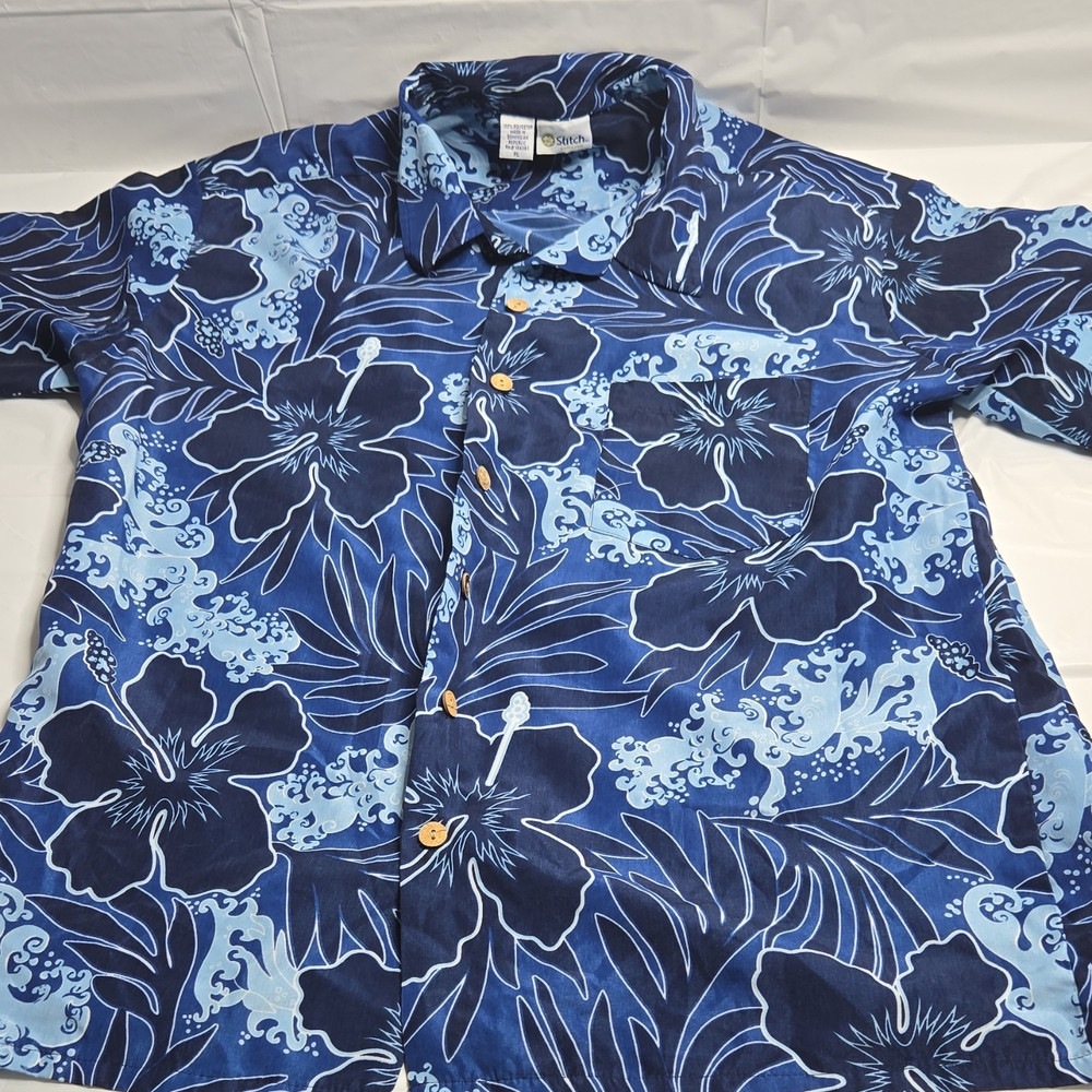 Stitch Hawaiian Men's Floral Polyester Button-Up Shirt Blue Short Sleeve XL