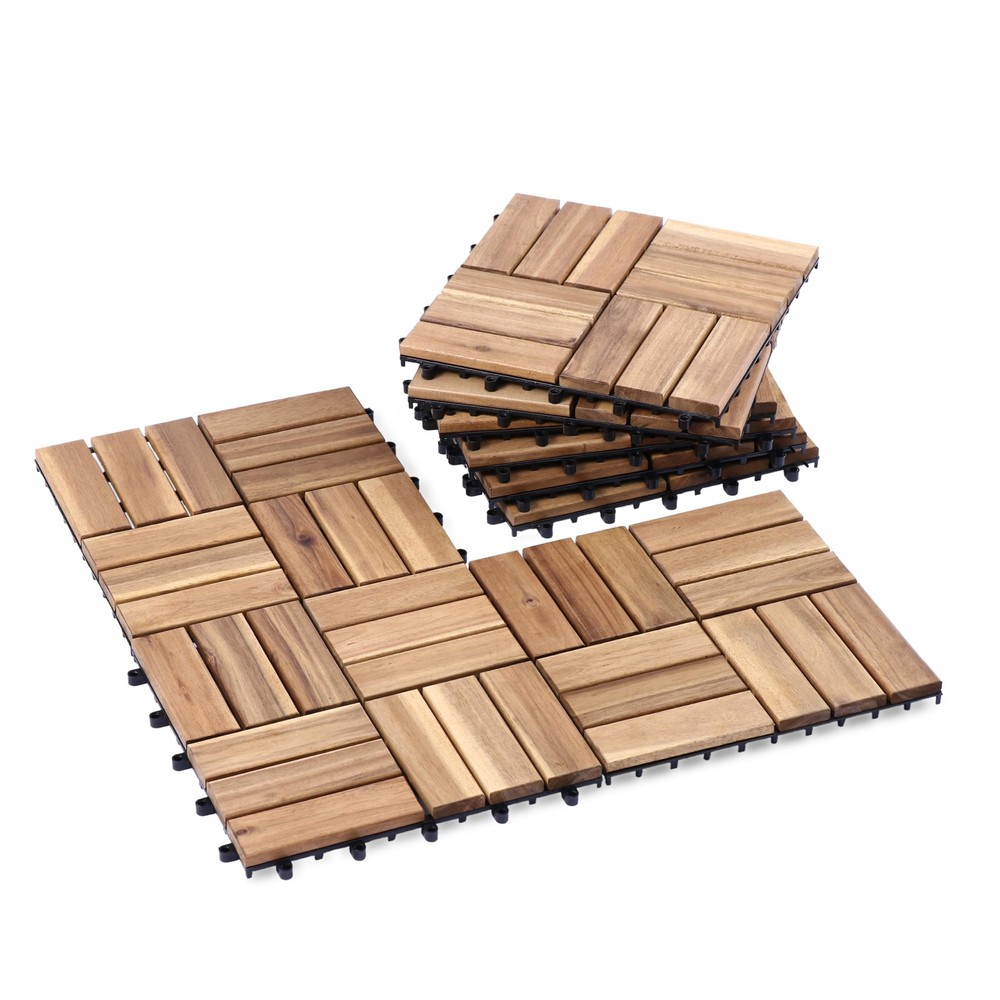 Acacia Wood Interlocking Deck Tiles for Patio - 9-Piece Set with 12 Slats Water-Resistant-image