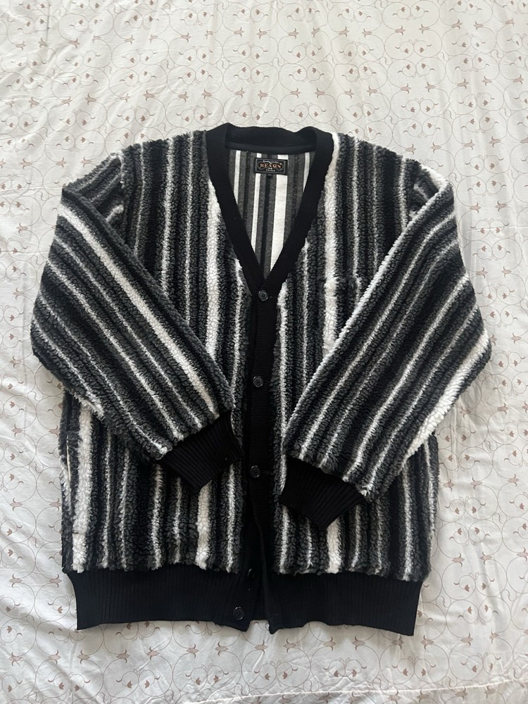 Beams Plus Japan Cardigan Mens XL Black White Striped High Pile Fleece Polyester