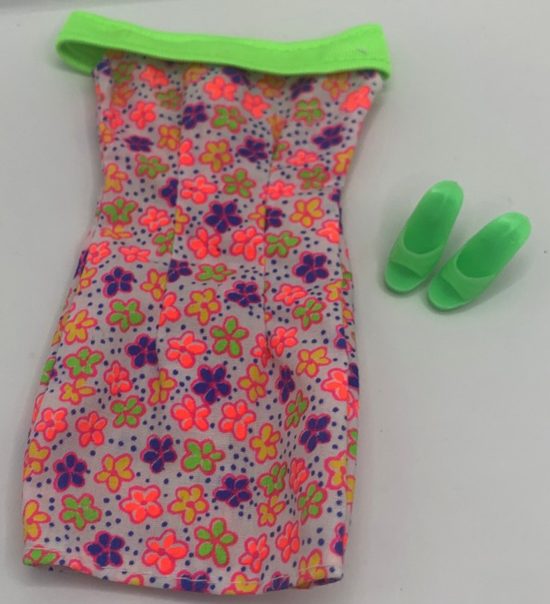Vintage Barbie Fashion Favorites Outfit Clothing Floral Neon Sheath Dress Shoes