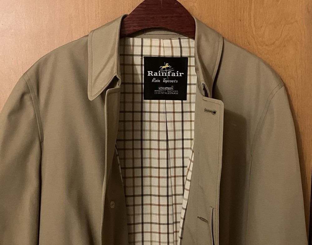Rainfair Rain Topcoat Men's Tan/Khaki Plaid Lining Button Up Trench Coat Sz 40L