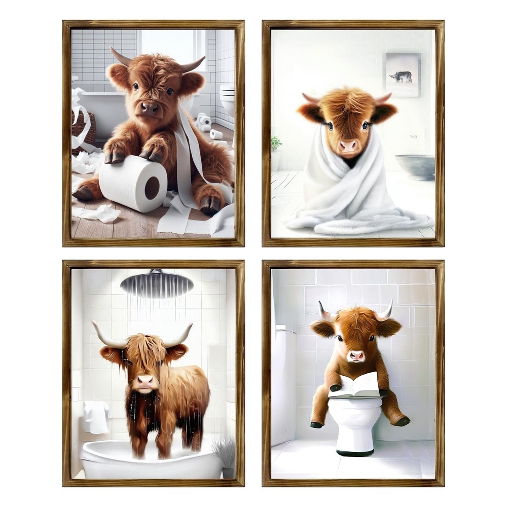 Highland Cow Funny Bathroom Decor Wall Art,Bathroom Highland Cow Art Prints,R...