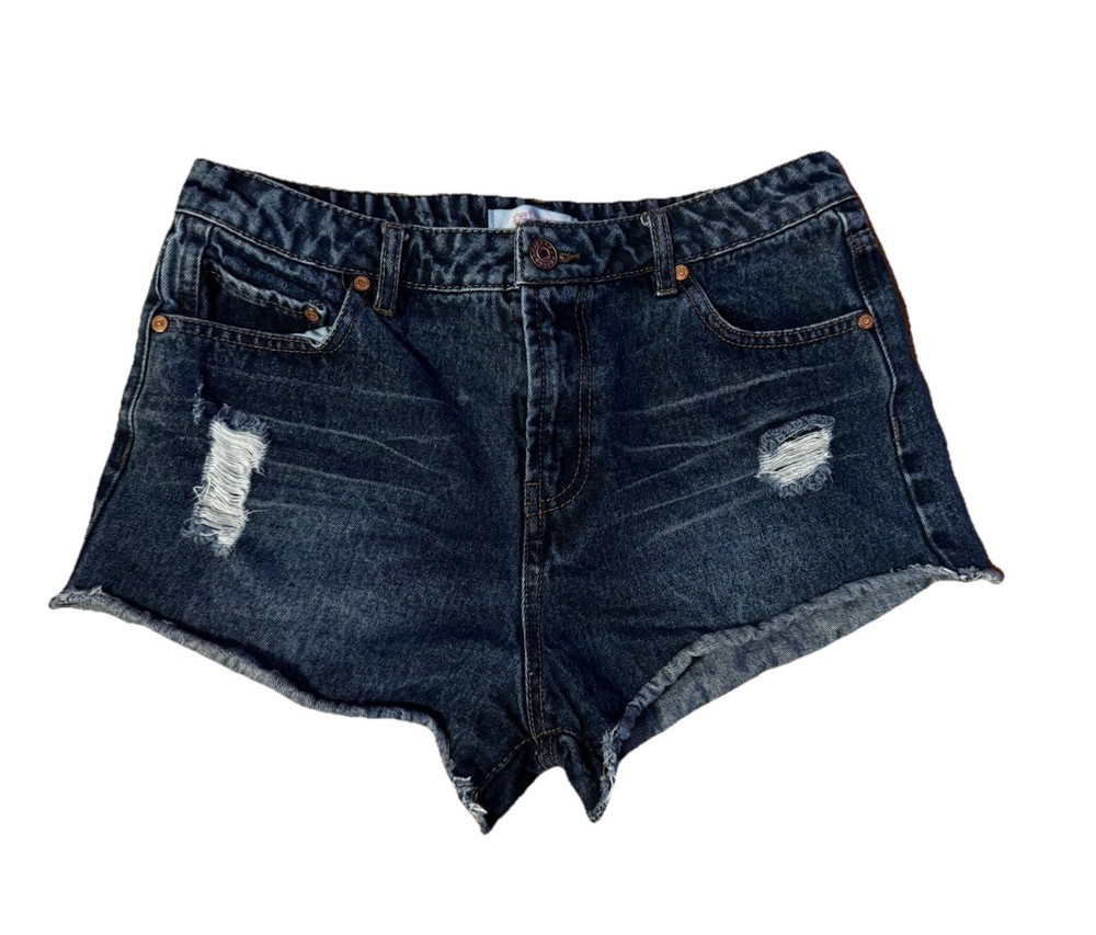 Refuge Women's Size 8 Dark Wash Distressed Cotton High Rise Denim Jean Shorts