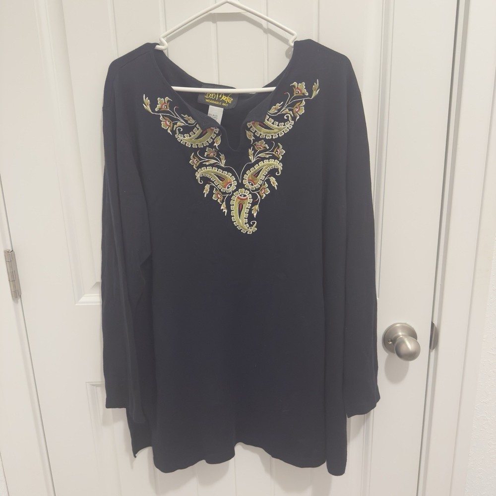 Bob Mackie Wearable Art Women’s Black Tunic Shirt Embroidered Design Size 2X