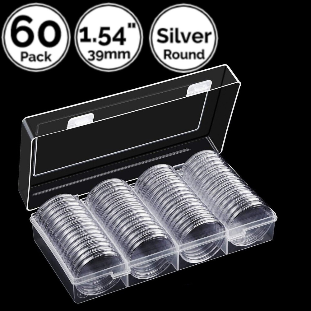 60 Pack 1.54 IN 39 mm Coin Capsule Holders w/ Storage Case Fit For Silver Round