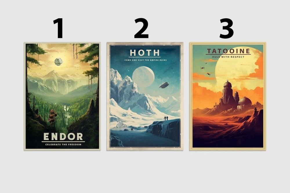 Star Wars Iconic Planets Endor Hoth Tatooine Vintage Travel Wall Art Poster