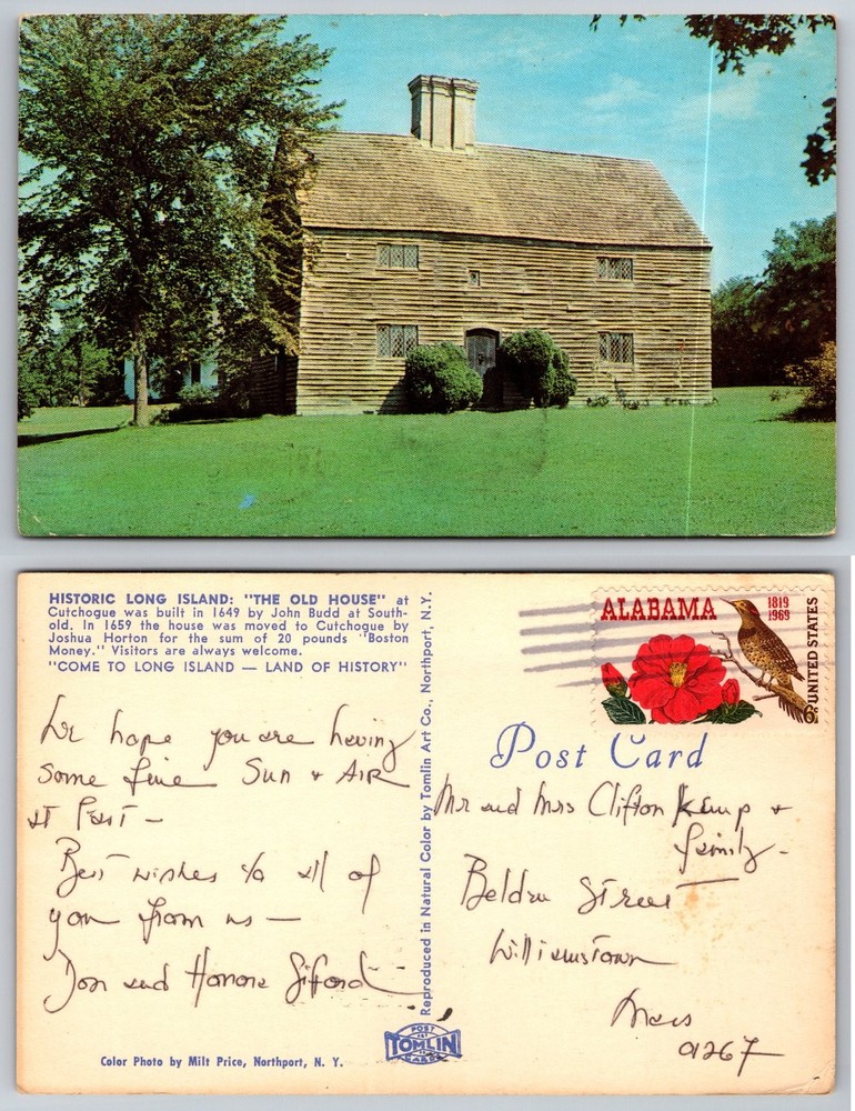 Historic Old House Cutchogue Long Island NY Postcard 1969 Posted Tomlin Art