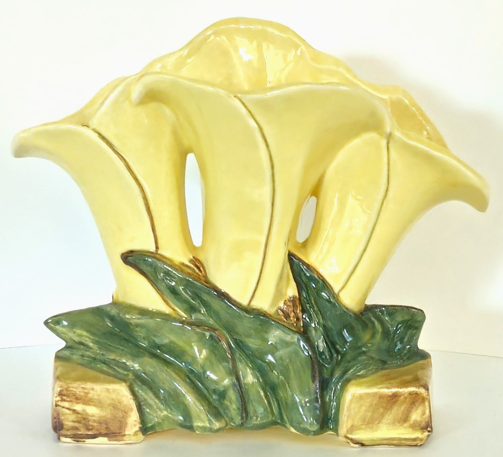 Vintage McCoy Pottery Triple Calla Lily Vase Yellow Green 1950s Art Deco USA