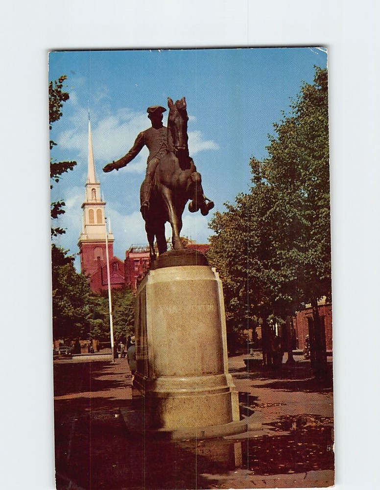Postcard Old North Church & Paul Revere Statue Salem Street Boston Massachusetts