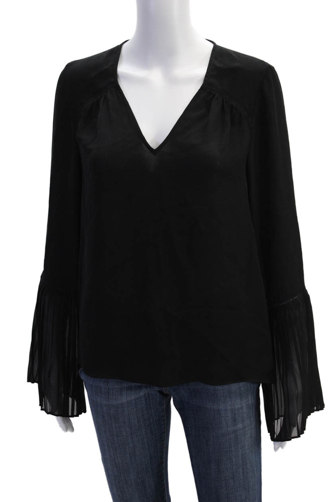 Ramy Brook Womens Silk Long Sleeve V-Neck Pullover Blouse Solid Black Size SFree Shipping in US $100+ Orders | $6.95 Orders Below