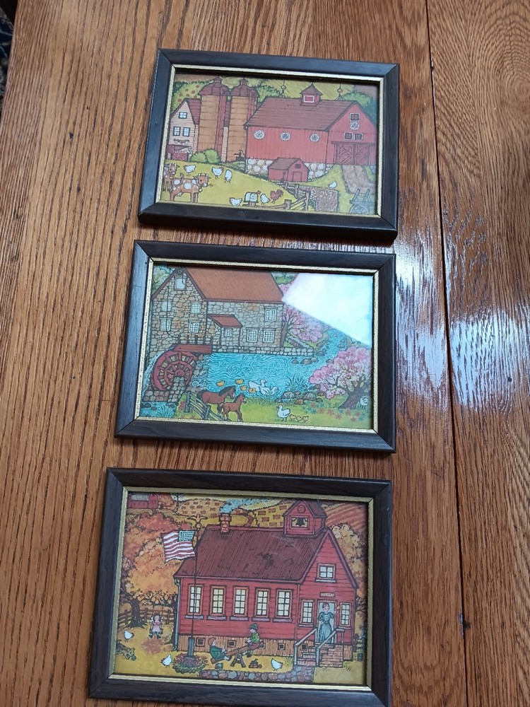 American Country Card  Framed Prints Folk Art 7 3/4 X   5 1/2 Barn, Mill, School