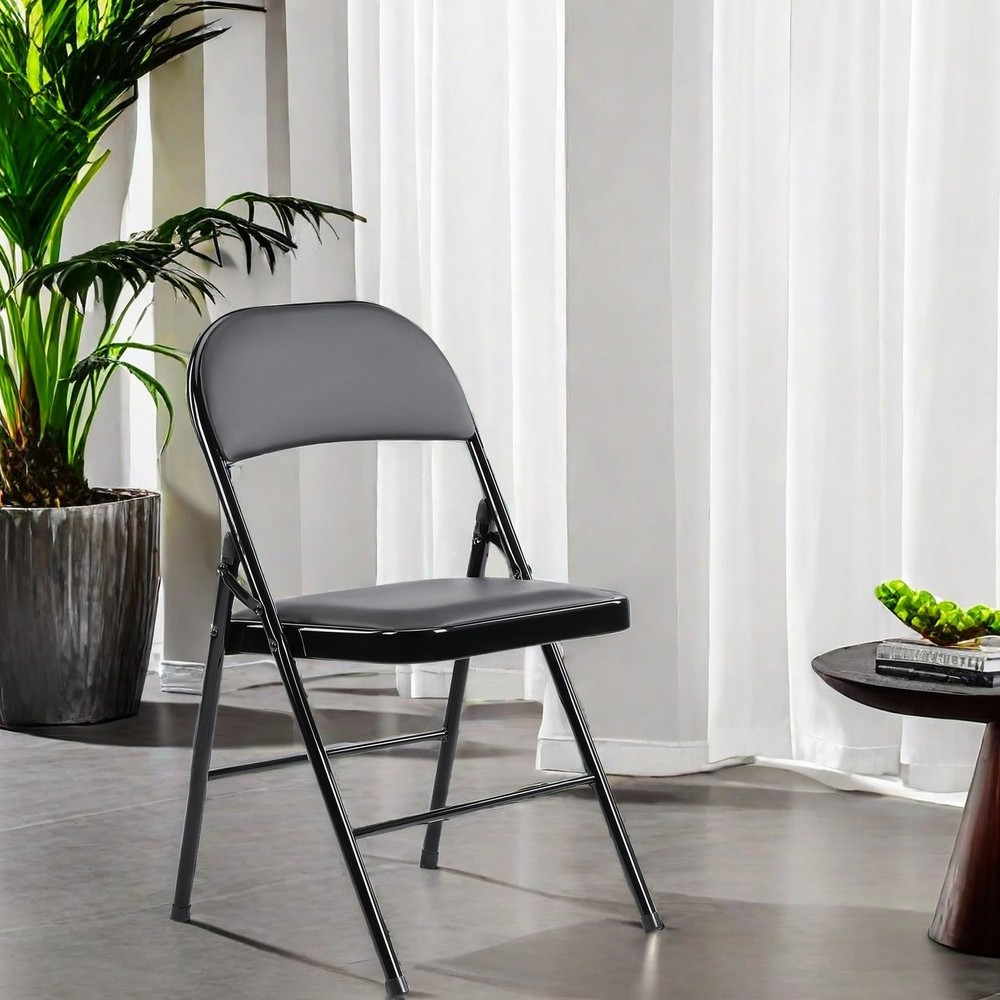 Folding Chairs with Cushion PU Leather Padded Seat Metal Frame Foldable Chair