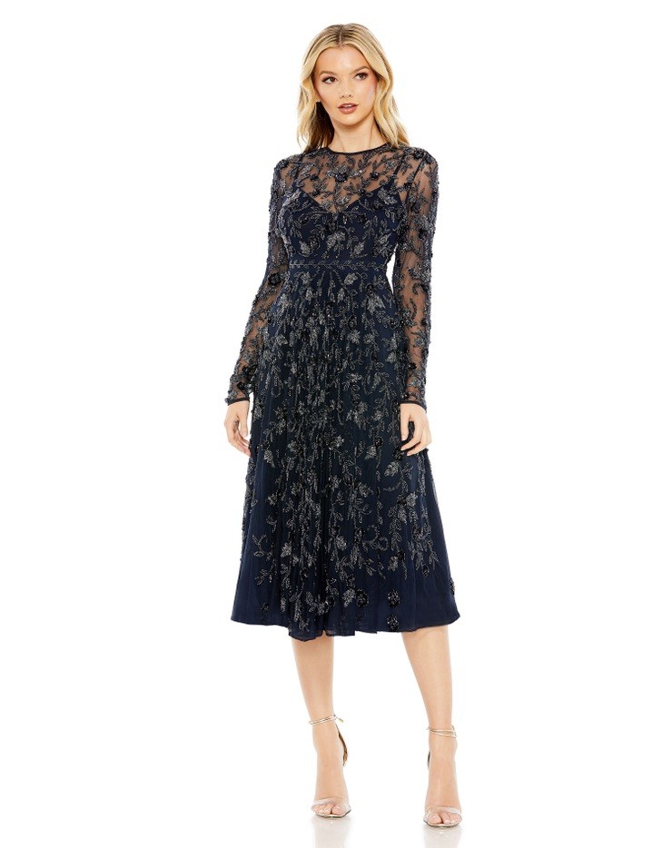 MAC DUGGAL 10799 BEADED ILLUSIONS HIGH NECK LONG SLEEVE A-LINE DRESS sz 6