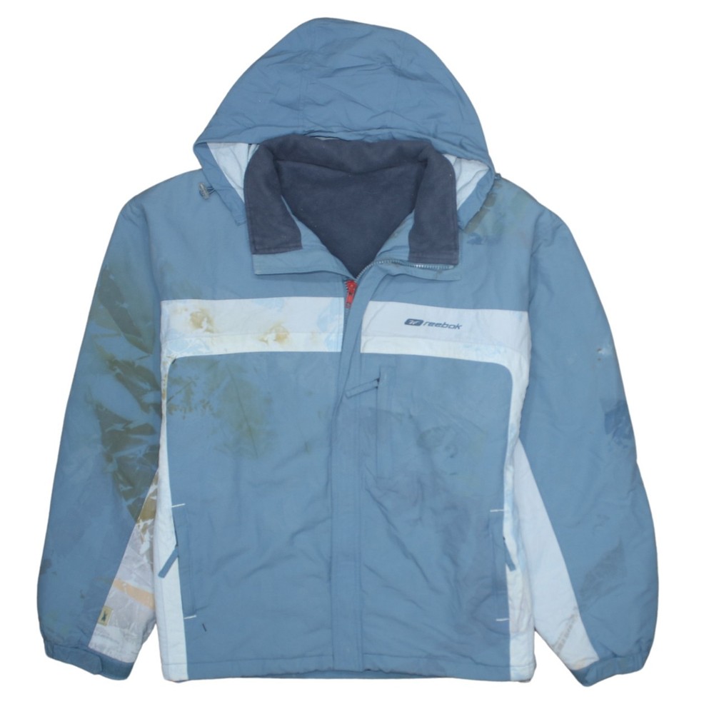 Reebok Mens Windbreaker Jacket Blue Hooded Fleece Lined Zip Pockets Nylon M