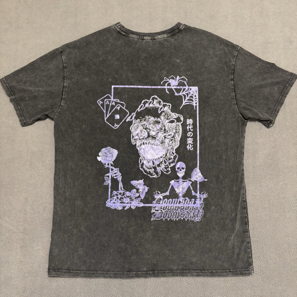 Romwe Black Skull Spiderweb Japanese Text Graphic T Shirt Men's M Acid Washed