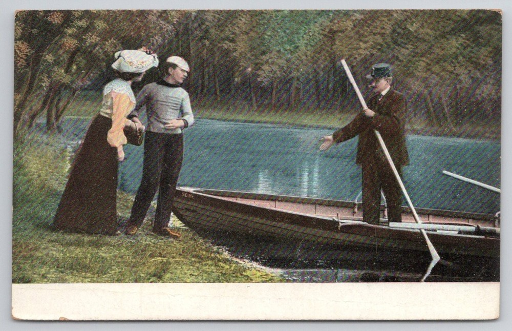 Vintage TH. E. L. Postcard: Edwardian Couple & Boater by Lake/River