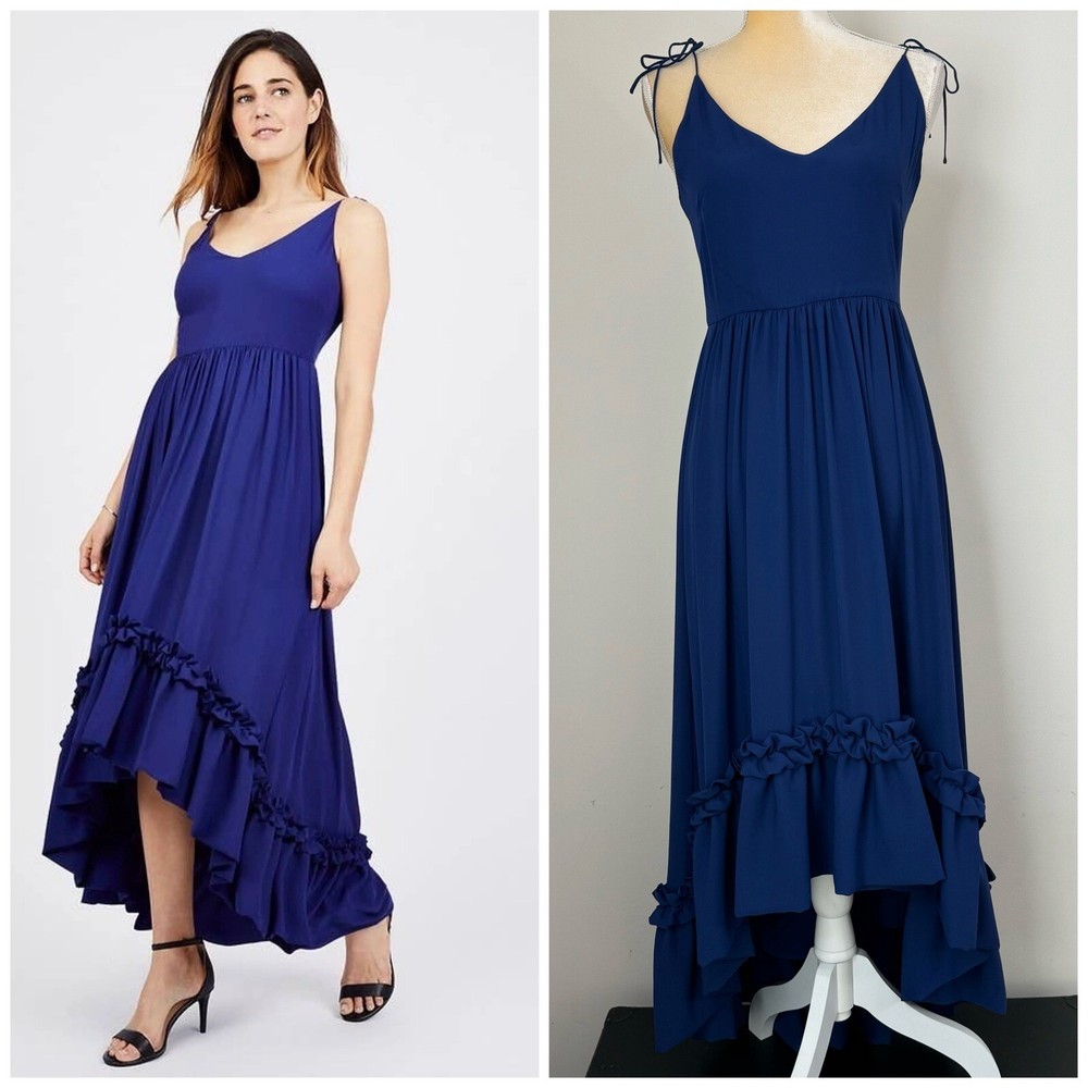 Belle Badgley Mischka Hi Low Ruffle Midi Dress Size 4 Royal Blue Shoulder Tie
