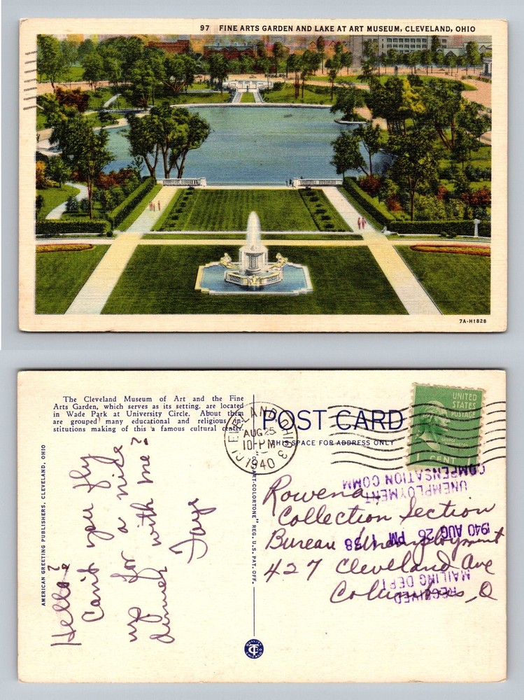 Cleveland, OH-Ohio, Fine Arts Garden & Lake At Museum Vintage c1940 Postcard