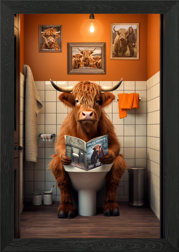 Highland Cow on the Toilet Framed Wall Art Poster Canvas Print Picture