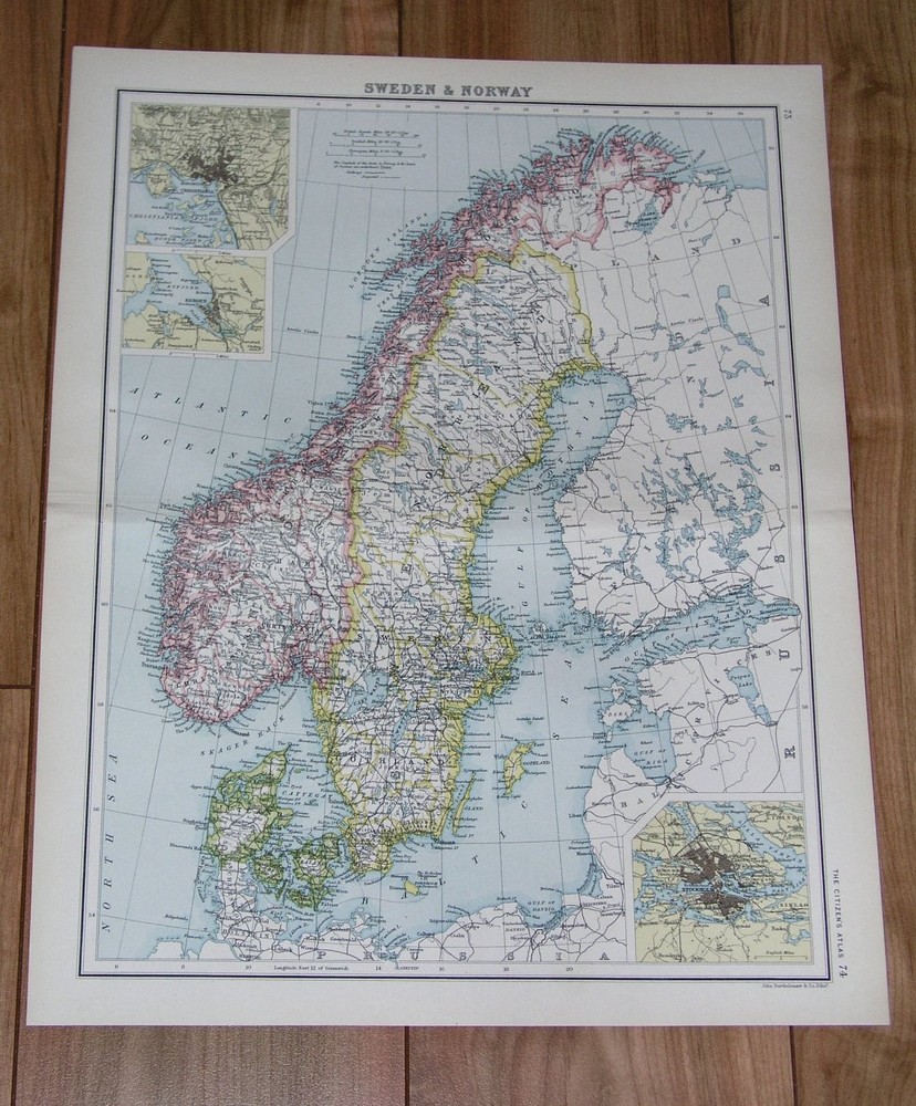 1912 Original Antique Map Of Scandinavia / Sweden Norway Denmark Stockholm Oslo