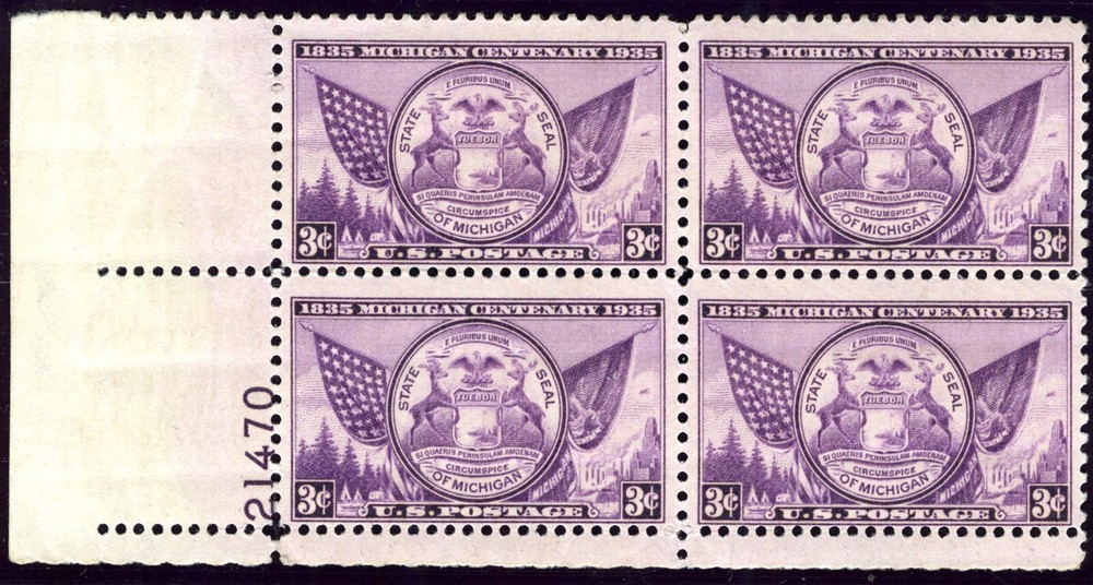 1935 3¢ Michigan State Seal Plate Block of 4 MNH Stamps SC#775