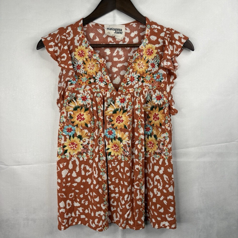 Savanna Jane Boho Leopard Women’s M Embroidered Floral Ruffled Sleeveless Top