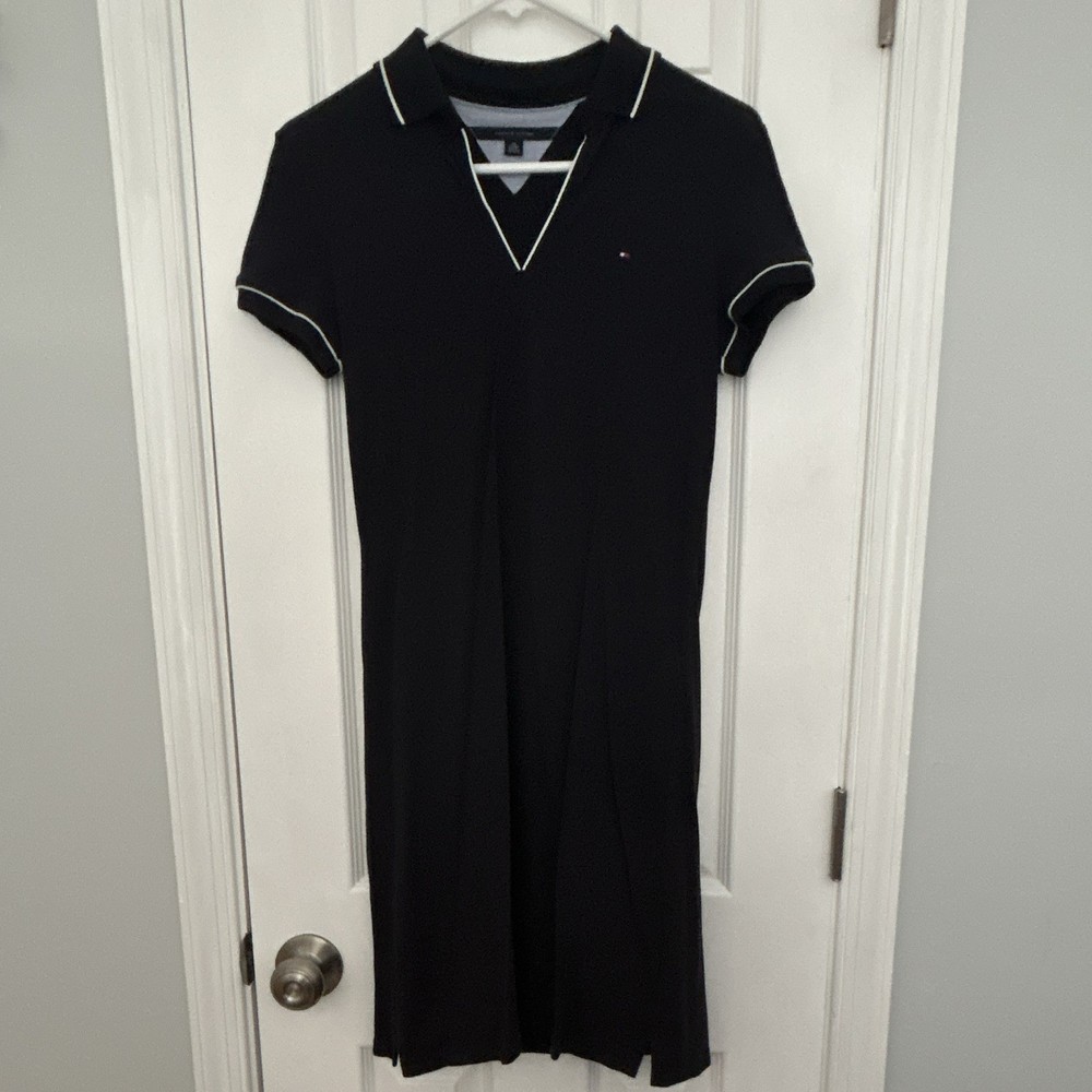 Tommy Hilfiger Women's Black Solid Knit Collared Midi T-Shirt Dress XS