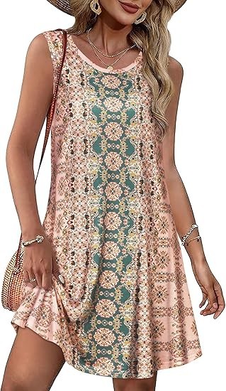 Women’s Summer Boho Floral Sundress Sleeveless Tank Flowy Dress w/ Pockets: L