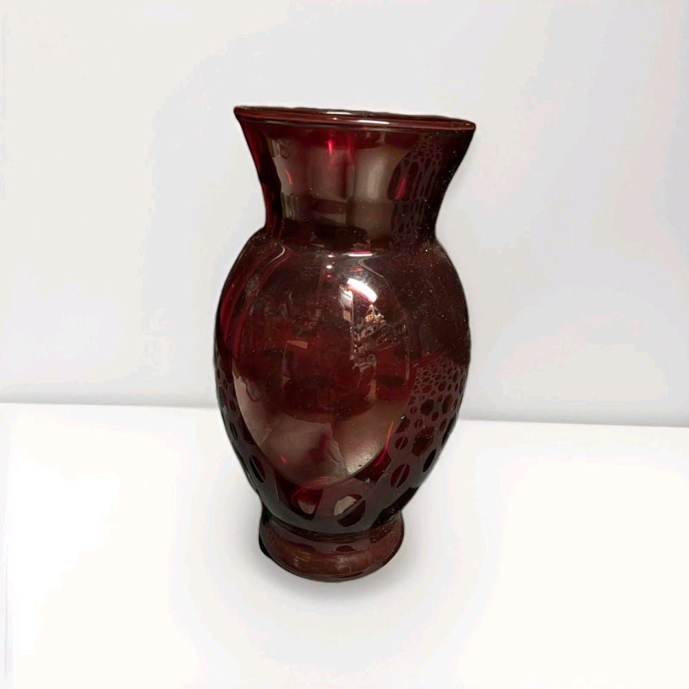 Vintage Anchor Hocking Glass Flared Vase Royal Ruby Red 6-1/2