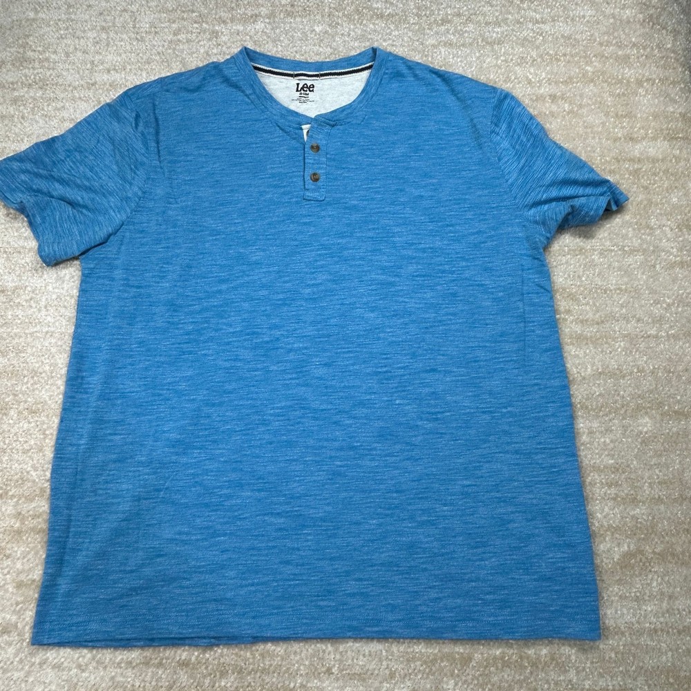 Lee Shirt Mens 2XL Henley Short Sleeve Heather Blue Button Front Casual Tee