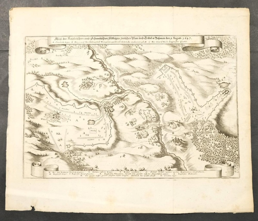 TREBEL CZECH REPUBLIC 1650ca MERIAN UNUSUAL ANTIQUE COPPER ENGRAVED MAPANTIQUE COPPER ENGRAVED MAP OF TREBEL CZECH REPUBLIC