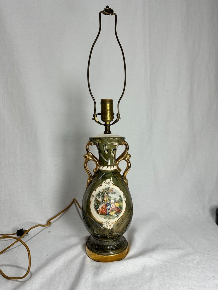 Vintage 1940s French Victorian Style Porcelain Urn Lamp - Courting Scene Green M
