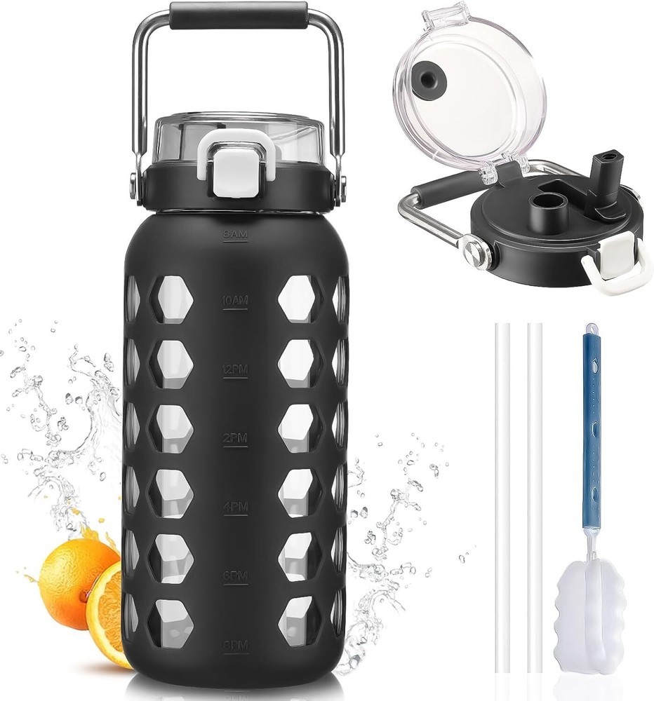 64Oz Half Gallon Glass Water Bottle with Straw Lid and Time Markings