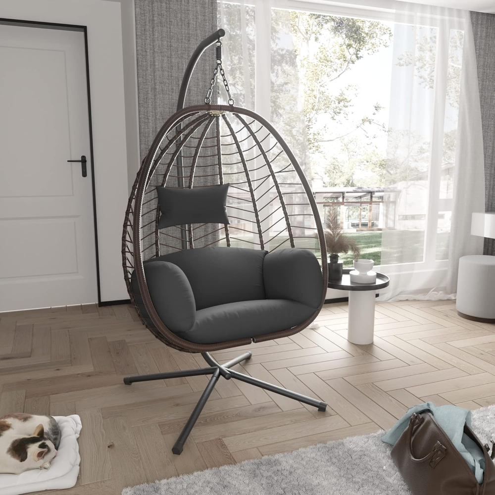 Egg Swing Chair Indoor Outdoor Patio Wicker Rattan Hanging Egg Chair with Stand,
