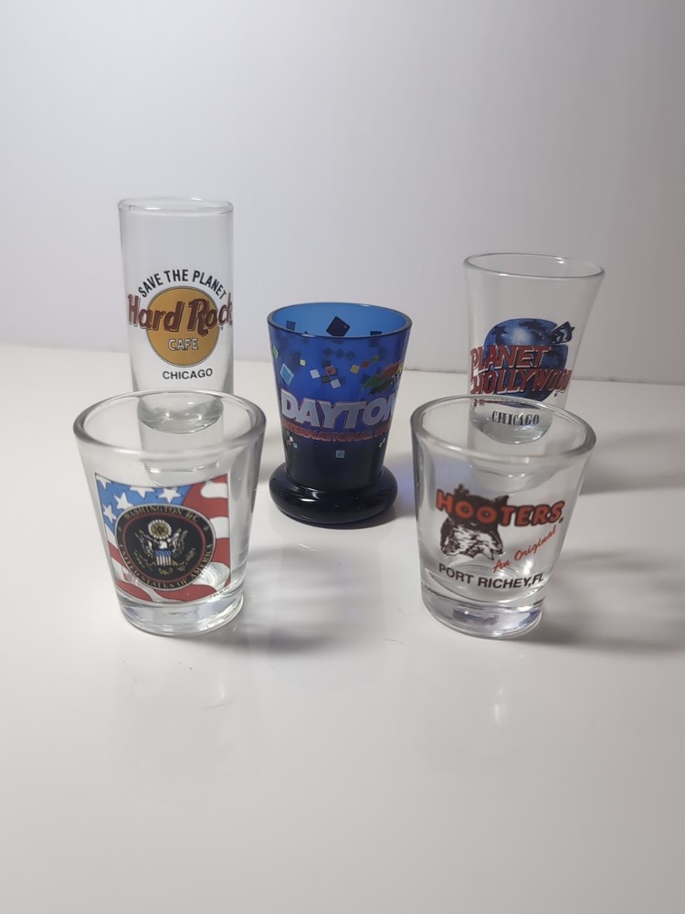 Vintage Collectible Shot Glasses Hooters Hard Rock Daytona Planet Hollywood Washington DC  