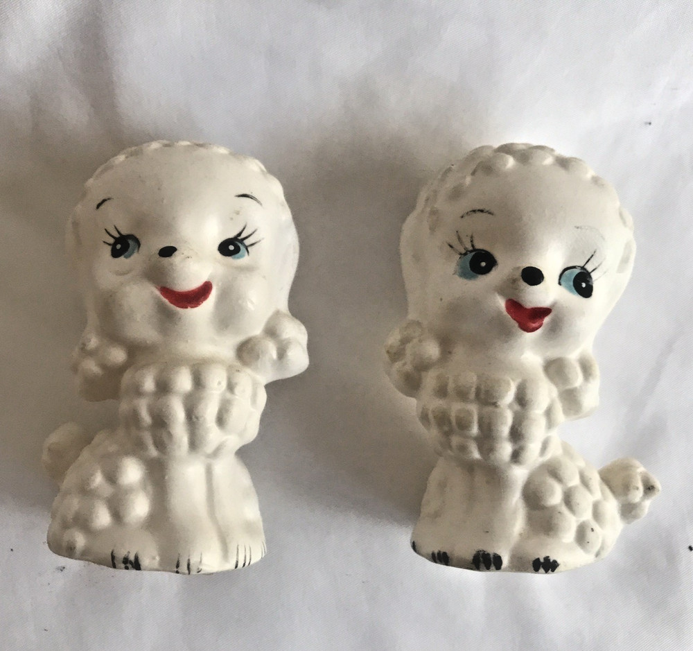 Anthropomorphic Big Blue Eyed White Poodles Japan Vintage Salt & Pepper Shakers