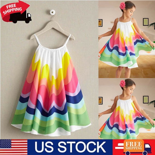 Toddler Baby Girls Summer Rainbow Princess Sleeveless Halter Casual Beach Dress