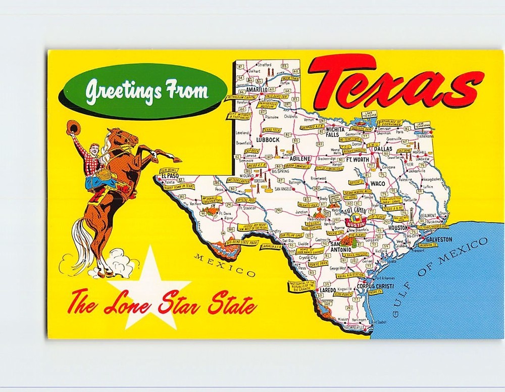 Postcard Map & Attractions Greetings from Texas USA