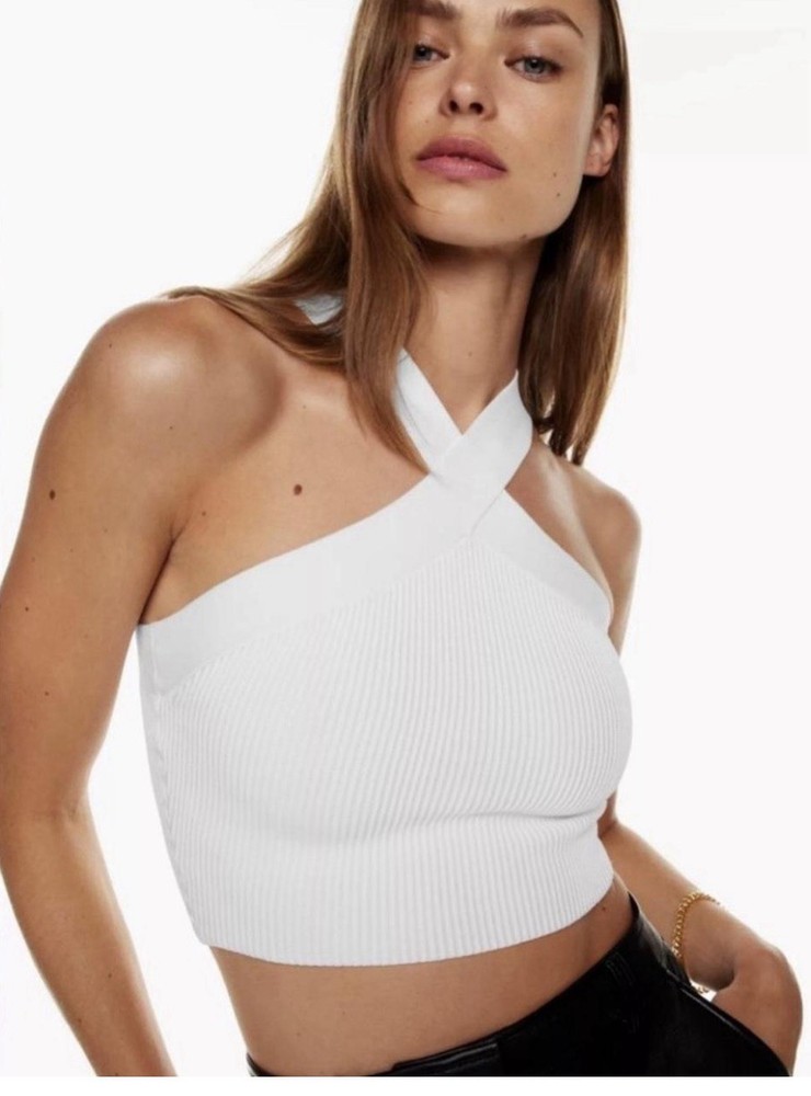 Aritzia Babaton Sculpt Knit Criss Cross crop top White Size 2XS