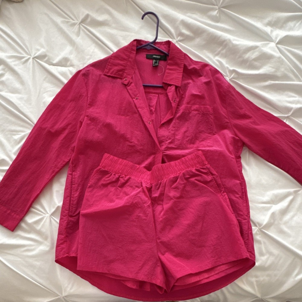Forever 21 Pink Shirt and Shorts Set, Collared Long Sleeve, Size S