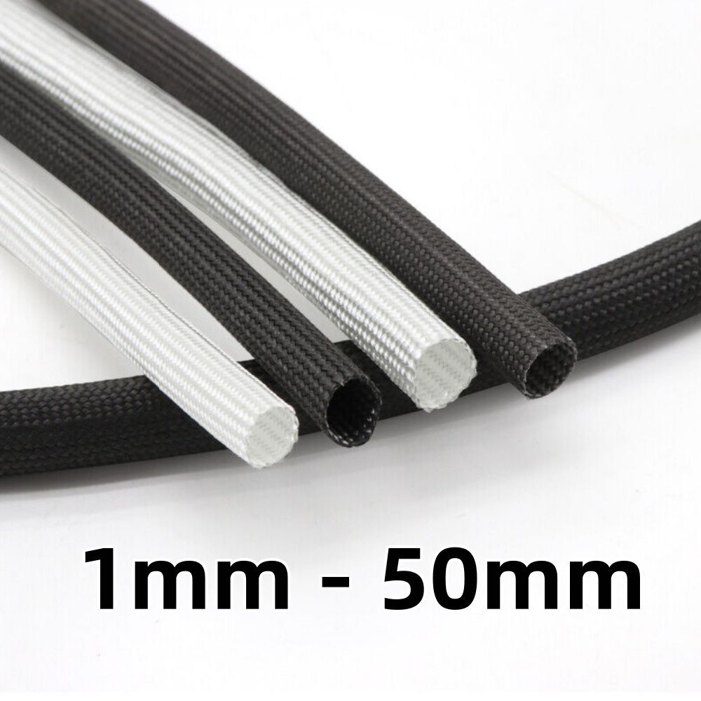 1mm - 50mm Flexible Fiberglass Braided Hose Insulation Tube Sleeve White Black