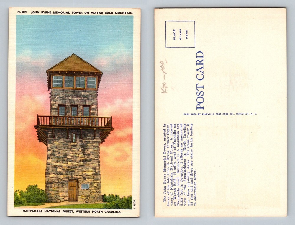 Wayah Bald Mountain NC-North Carolina John Byrne Memorial Tower Vintage Postcard