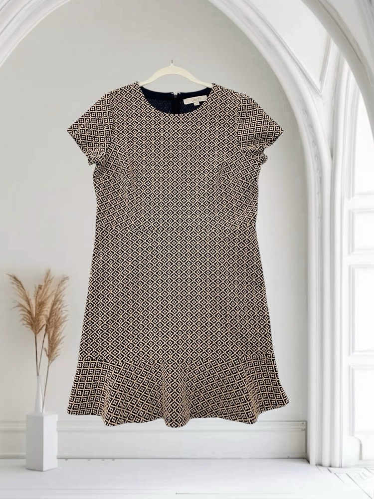 Ann Taylor LOFT Women’s Navy Jacquard Flounce Hem Dress Size 12 Petite $80