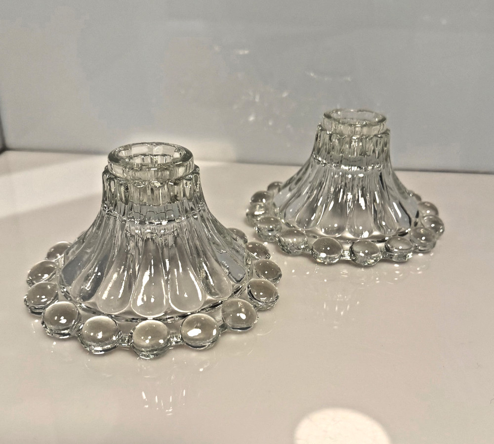 Pair of Vintage Anchor Hocking Berwick Boopie Candle Holders Clear Glass Bubble