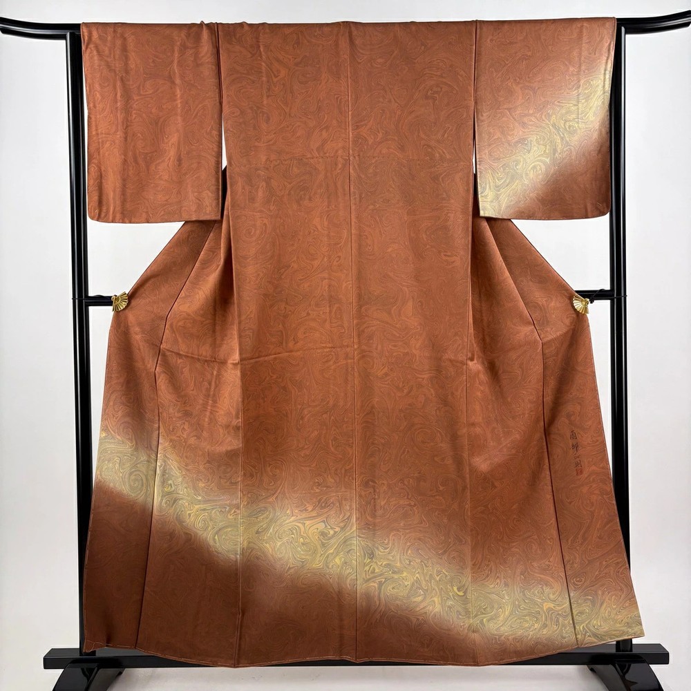 Suminagashi Silk Kimono M Brown Used 157.5cm Length 65cm Sleeve 付下げ